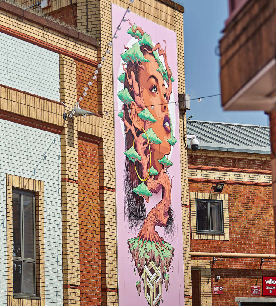 Wall mural 'At One with Cofa’s Tree' by artist Matt Chu in Pepper Lane Coventry