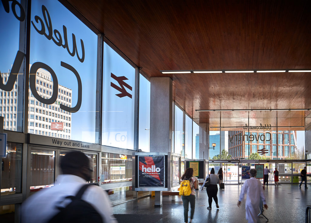 Coventry Railway Station which is adjacent to TWO FRIARGATE promoting use of public transport green travel and sustainability