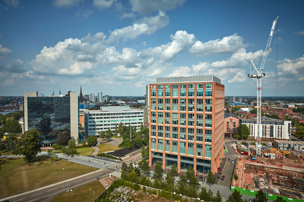 External view of One Friargate adjacent to the construction site of TWO FRIARGATE offices Coventry in July 2021