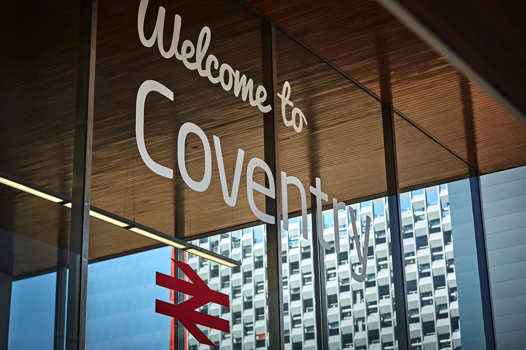 Welcome screen at the new Coventry Railway Station adjacent to TWO FRIARGATE offices Coventry