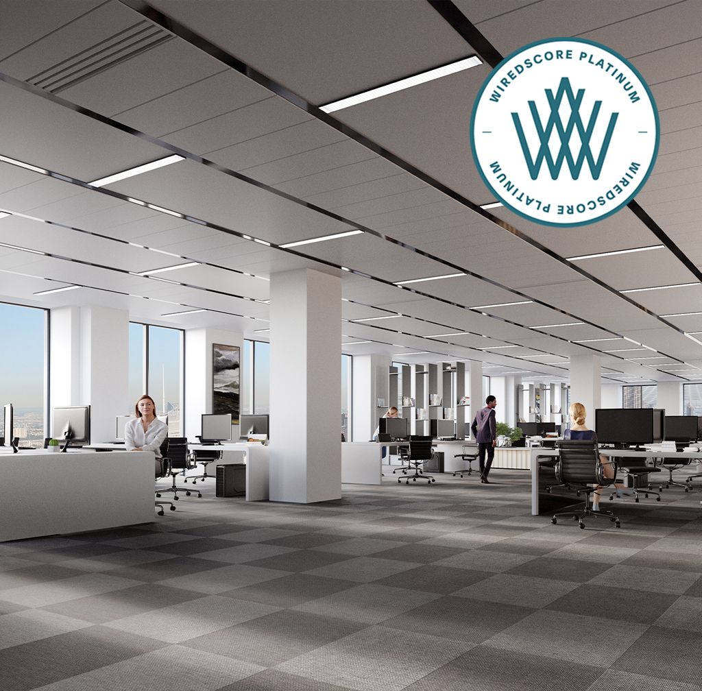 Office space cgi of TWO FRIARGATE with WiredScore logo in top right corner
