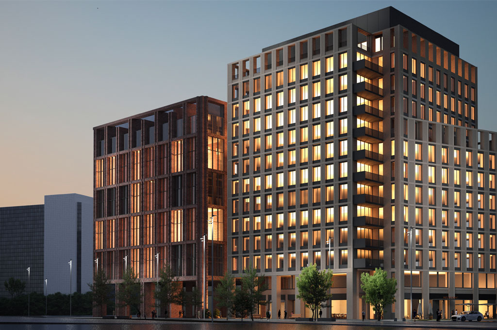 CGI at dawn of external view of TWO FRIARGATE Grade A office space Coventry