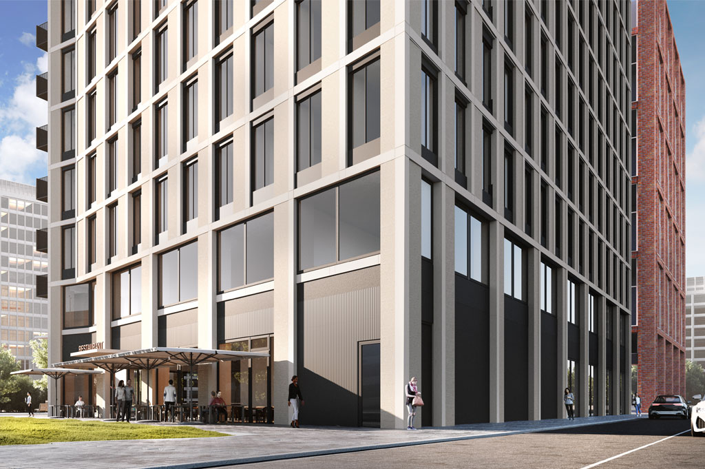 CGI of external view of TWO FRIARGATE offices Coventry showing ground floor restaurant amenities