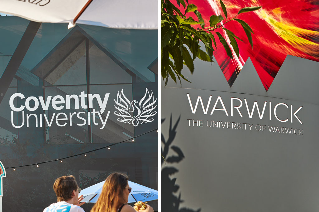 Signage for Coventry University and University of Warwick, which play a pivotal role in nurturing the area's diverse talent pool, highlighted at UKREiiF 2023 