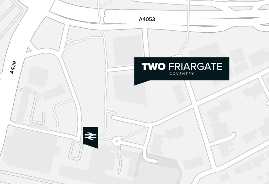 Aerial map showing proximity of TWO FRIARGATE and Coventry Railway Station.