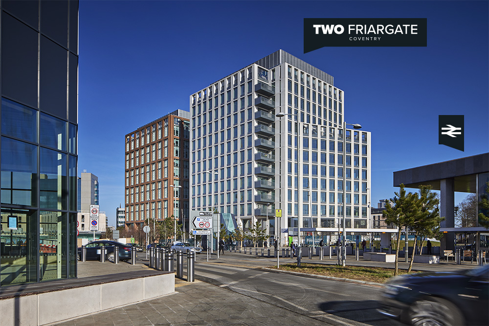 Viewed from the station, TWO FRIARGATE, Coventry offices, which were showcased at UKREiiF 2023 in discussions of sustainability and collaborative working