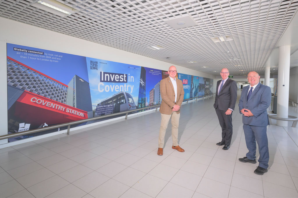 Birmingham Airport features TWO FRIARGATE offices Coventry in a prime promotional opportunity, with [L-R] Paul Jones – Managing Director of Destination Coventry, Nick Barton – Chief Executive Officer of Birmingham Airport, and Cllr Jim O’Boyle – Cabinet Member for Jobs, Regeneration and Climate Change at Coventry City Council