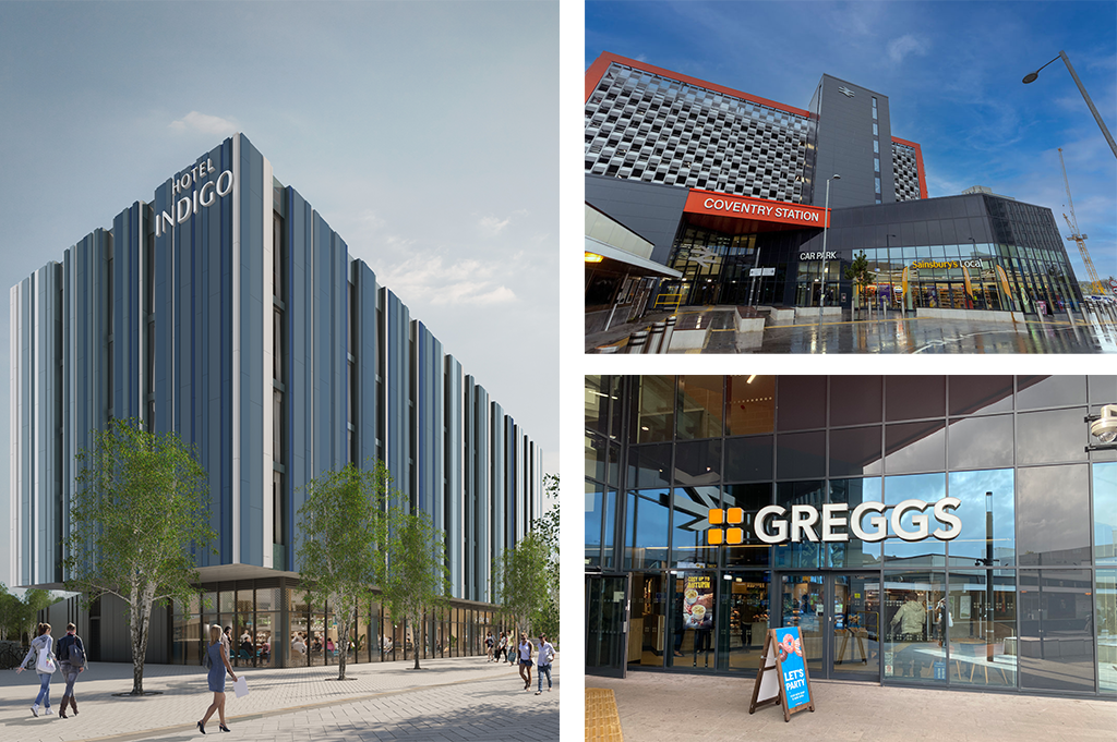 Lock up of Hotel Indigo CGI, Coventry Railway Station and Greggs - the wide range of amenities around TWO FRIARGATE from which the team at Octopus Energy will benefit