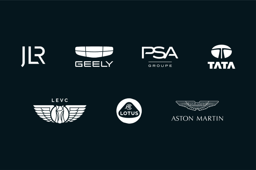 Coventry automotive and advanced manufacturing brands already located in Coventry and Warwickshire, including JLR, Geely, PSA Groupe, TATA, LEVC, Lotus, Aston Martin Lagonda