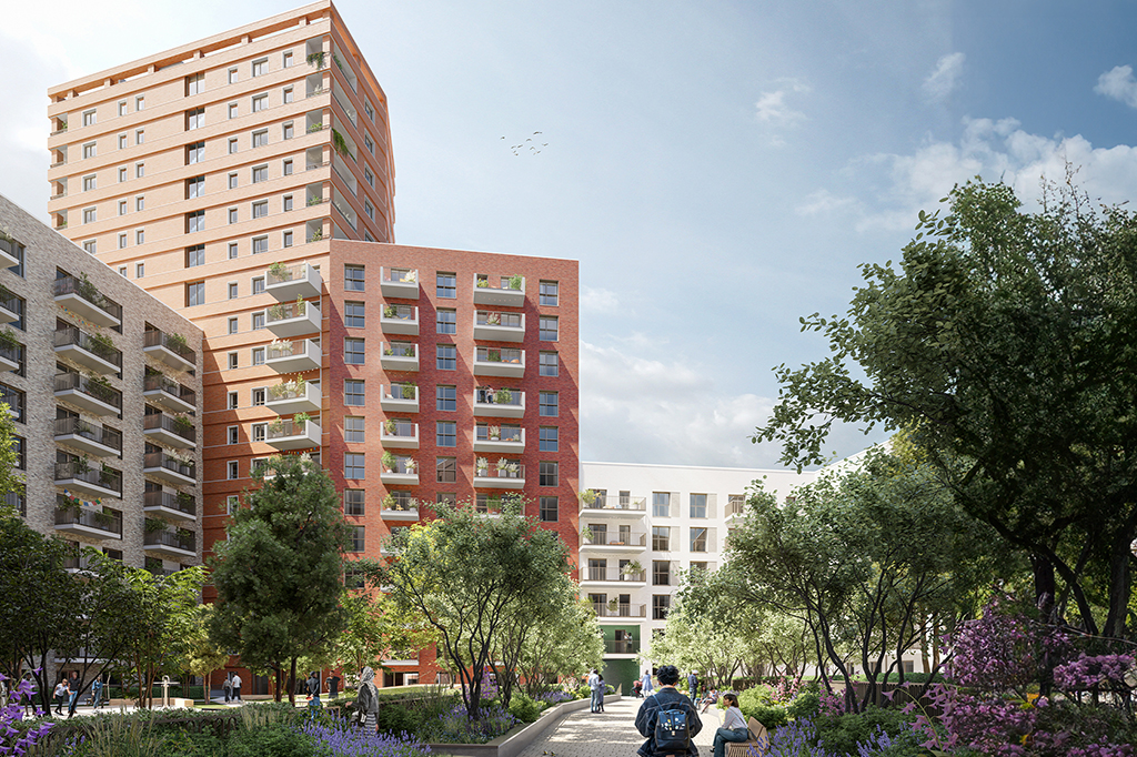 CGI of City Centre South, which will bring enhanced sustainability benefits throughout Coventry with a net biodiversity gain of 285%, including new green public areas, newly planted trees and biodiverse roof space