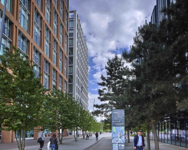 The pedestrian boulevard between ONE and TWO FRIARGATE and Hotel Indigo in Coventry city centre.