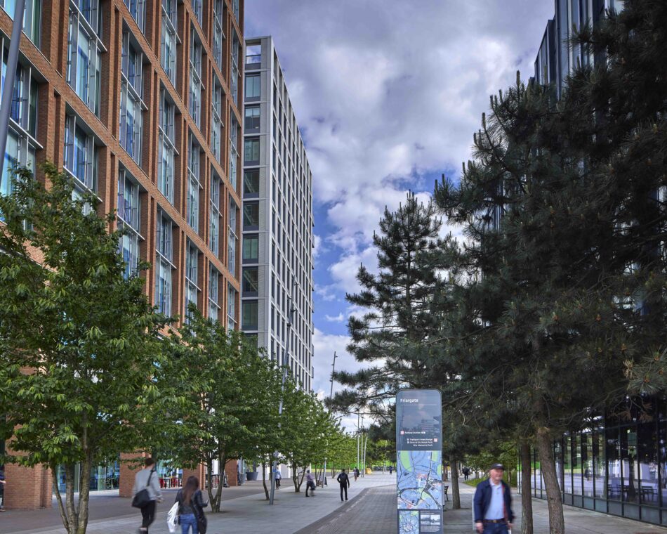 The pedestrian boulevard between ONE and TWO FRIARGATE and Hotel Indigo in Coventry city centre.